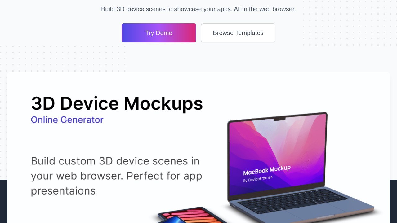DeviceFrames homepage with Try Demo and Browse Templates buttons above a 3D MacBook and tablet scene