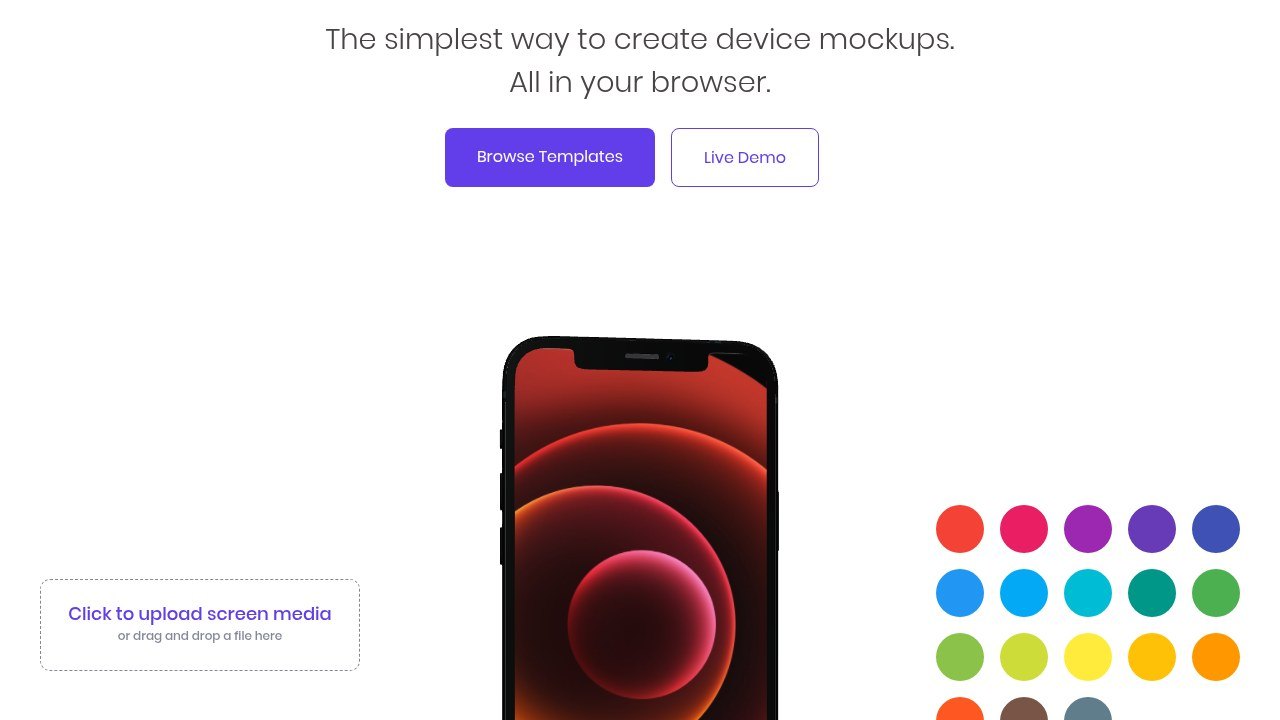 Previewed homepage: the simplest way to create device mockups, with a 3D iPhone, an upload box and color swatches