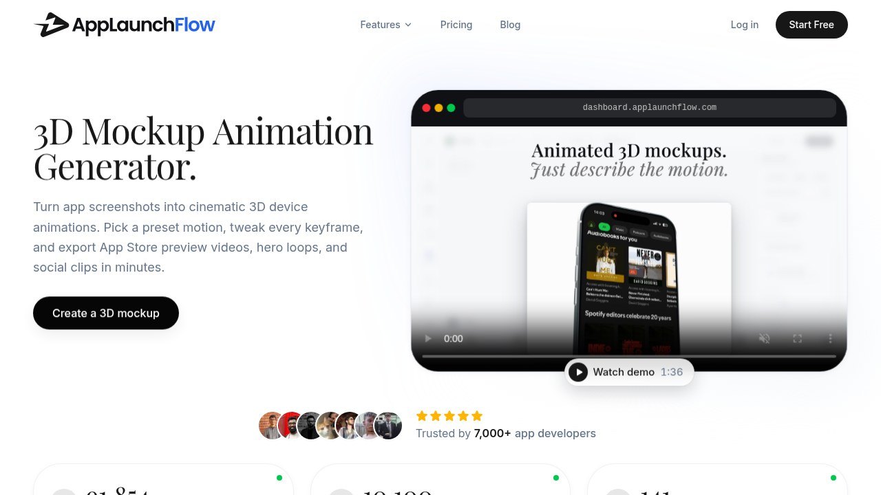 AppLaunchFlow's 3D Mockup Animation Generator page with a demo video of an animated iPhone