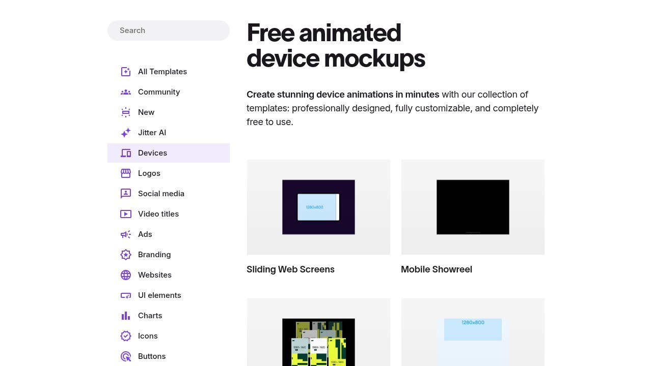 Jitter's free animated device mockups page with template tiles such as Sliding Web Screens and Mobile Showreel