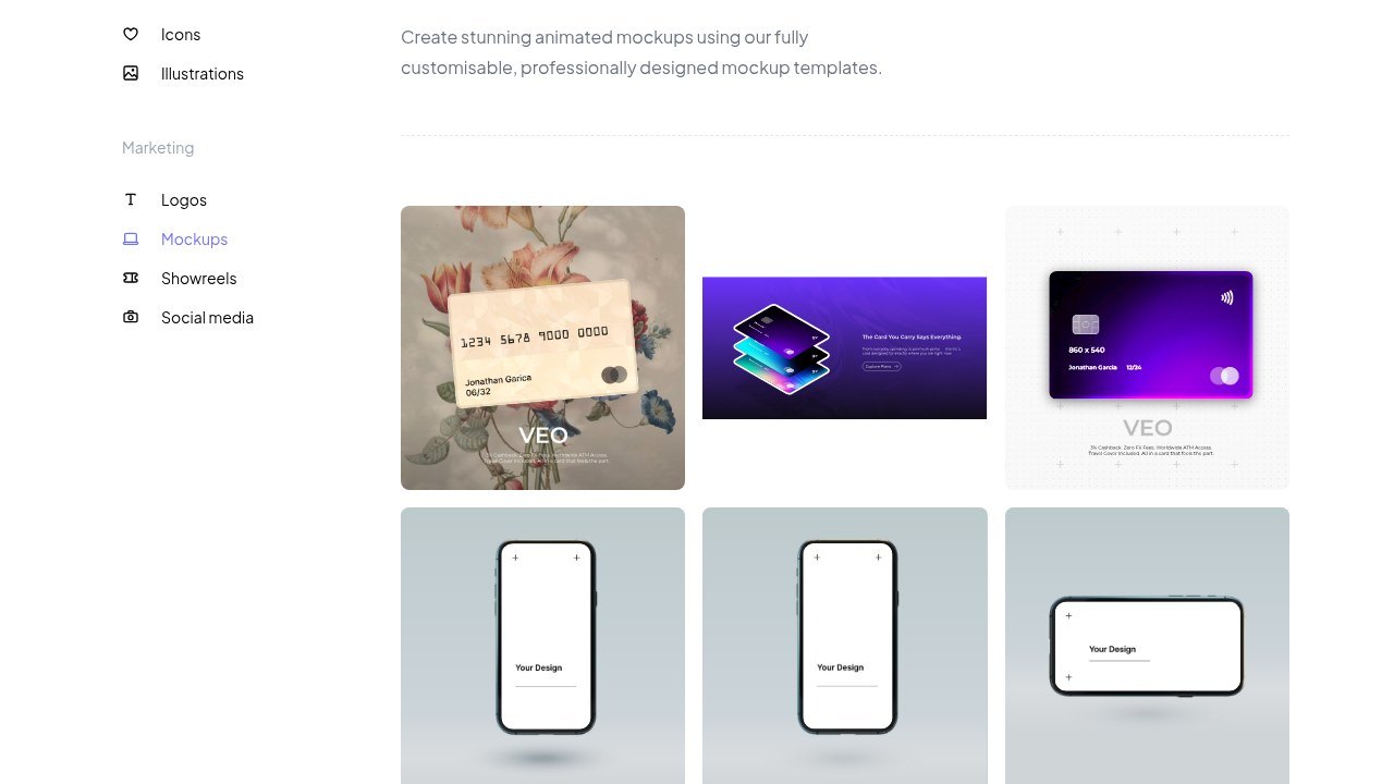 Lottielab's free animated mockups page with payment card and floating phone templates