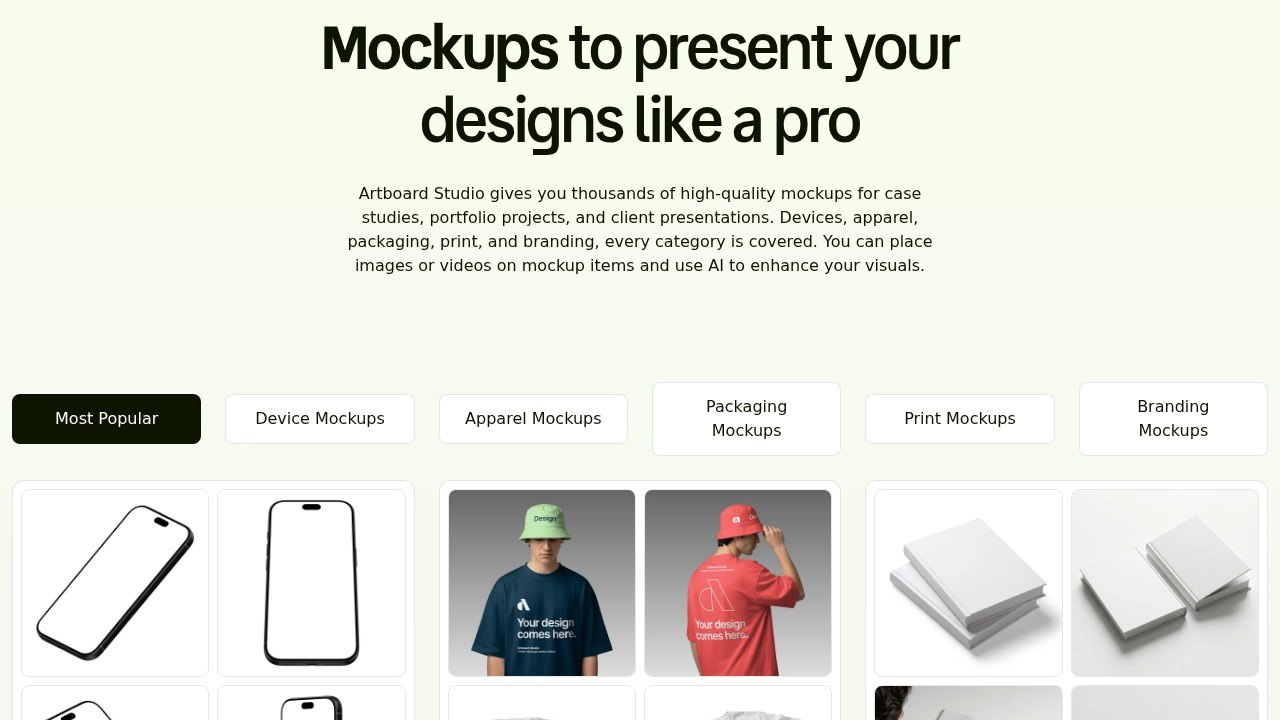 Artboard Studio homepage: mockups to present your designs like a pro, with device, apparel and print categories