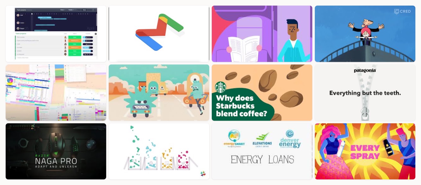 A grid of animated product video thumbnails from brands like Slack, Notion, monday.com and Zocdoc.