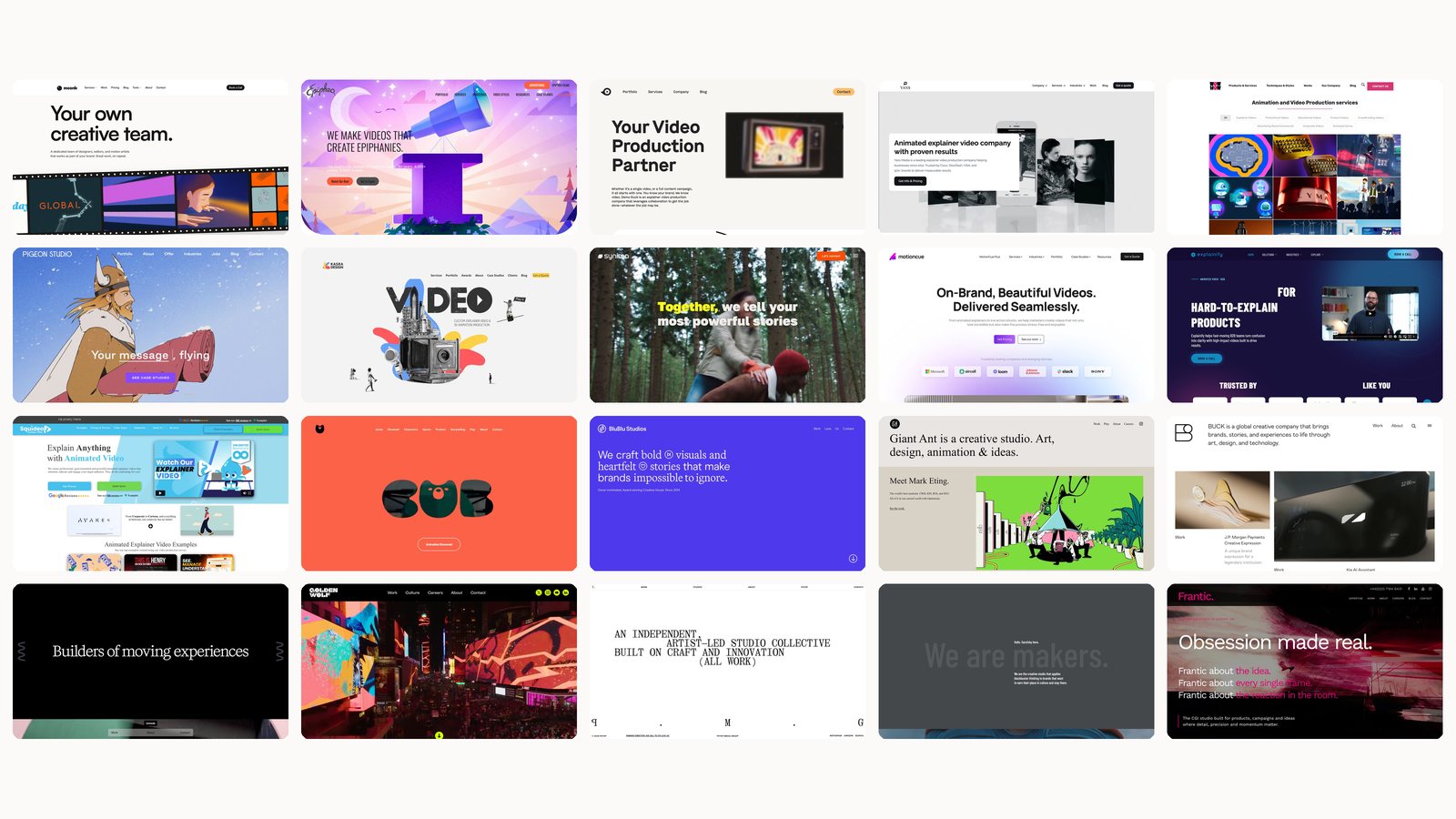 Collage of homepage screenshots from the 20 animated video production companies compared in this guide