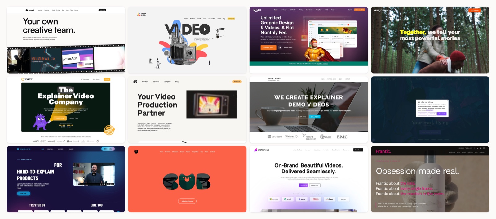 Collage of homepage screenshots from 20 animated video production companies