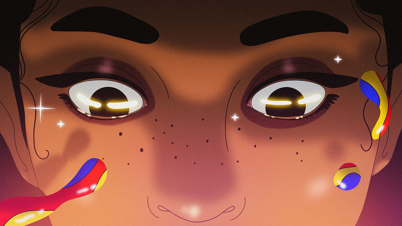 A close-up illustration of a freckled face with glowing eyes and glossy red, yellow and blue paint shapes floating across the skin