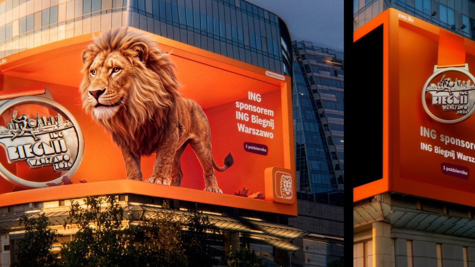 A 3D CG lion standing on a curved orange billboard on a Warsaw office building, in an ING ad for the Biegnij Warszawo race