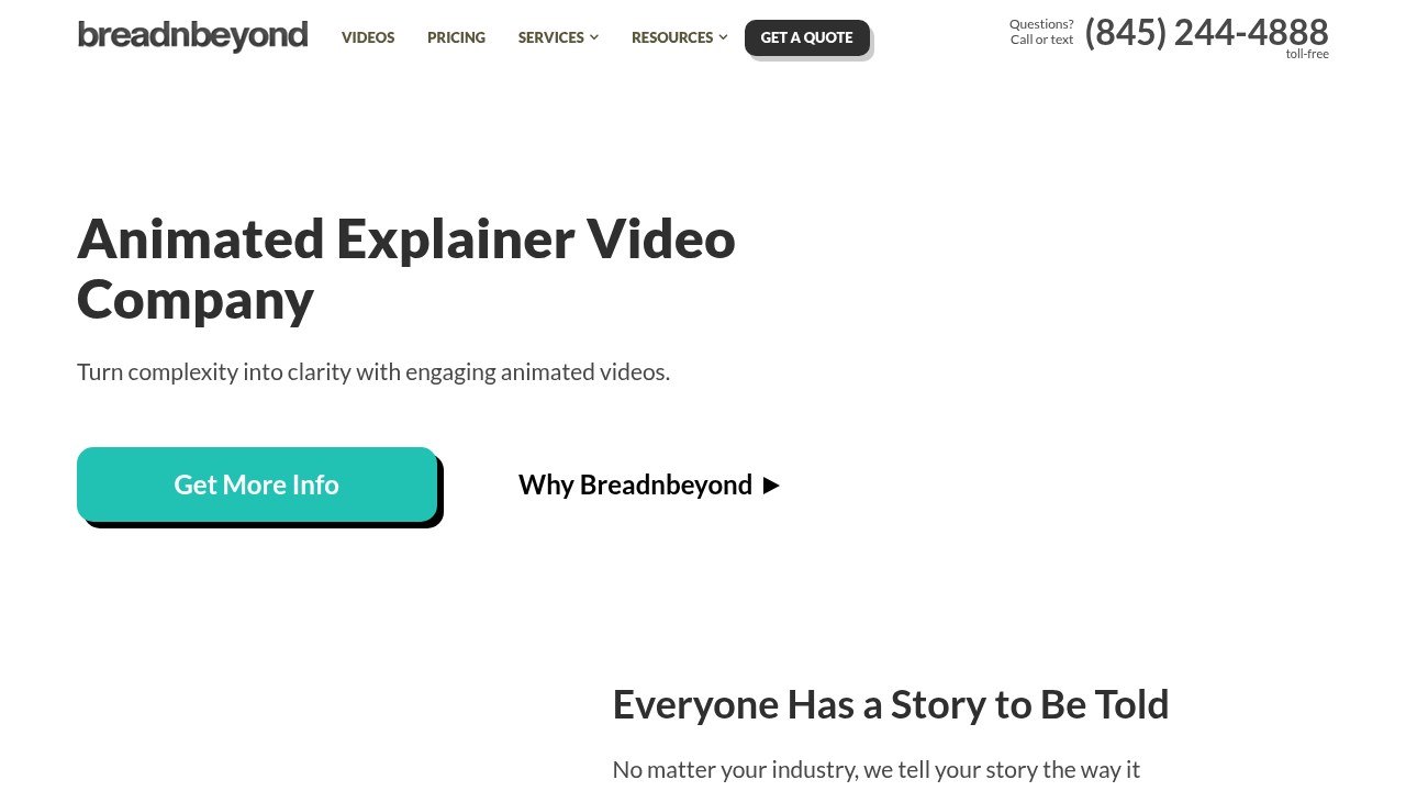 Breadnbeyond homepage with the headline Animated Explainer Video Company