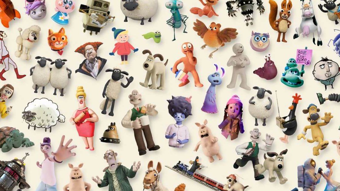 A pattern of Aardman's clay and puppet characters on a cream background, including Wallace, Gromit, Shaun the Sheep and Morph