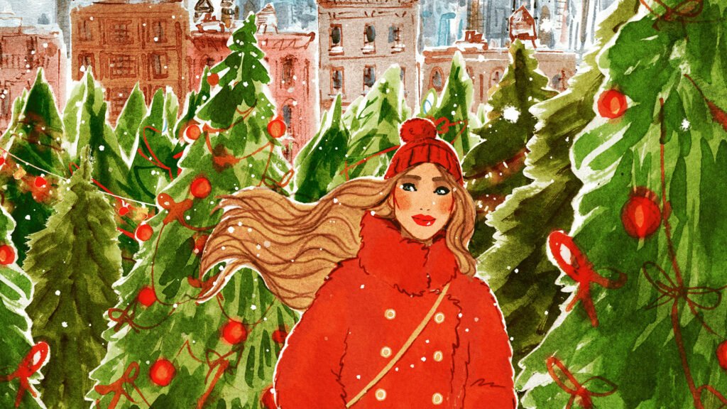 A watercolor-style illustration of a woman in a red coat and knit hat walking through rows of decorated Christmas trees with city buildings behind