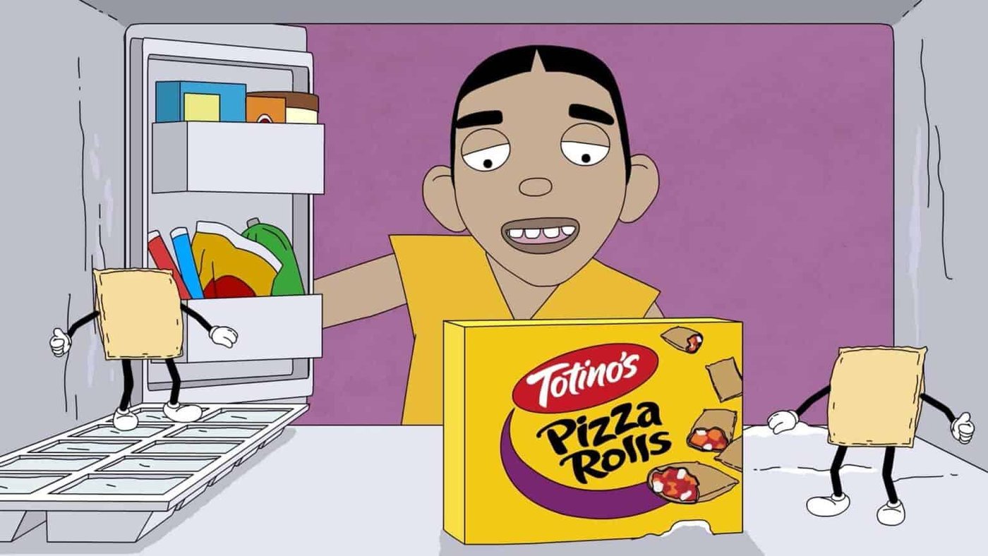 A 2D cartoon frame seen from inside a freezer, with a man opening the door behind a box of Totino's Pizza Rolls and two pizza roll characters standing on either side