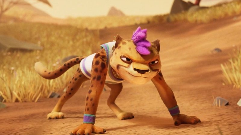 A 3D animated cheetah character with a purple tuft crouching on a dusty savanna path