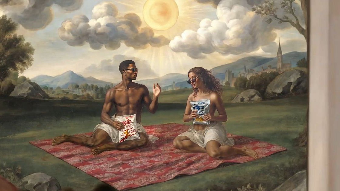 A painterly classical landscape with a man and a woman in draped cloth sitting on a picnic blanket holding bags of chips