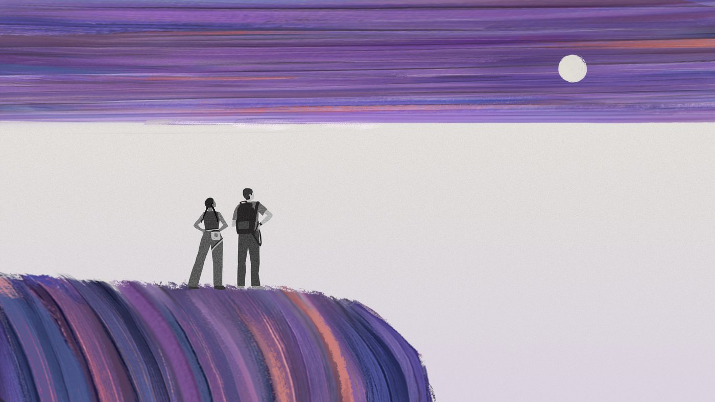 An illustrated frame of two hikers standing on a cliff of purple brushstrokes under a streaked purple sky with a pale moon