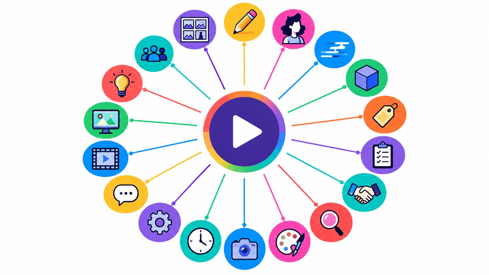 Flat illustration of a play button at the center of a ring of colorful icons for storyboards, characters, 3D, color, camera and review