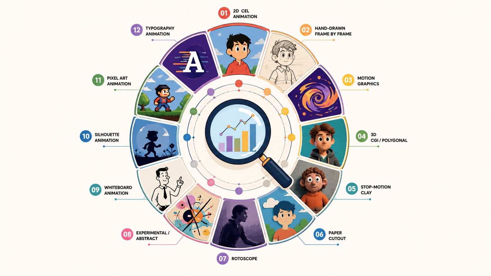 A catalog grid of twelve animation styles