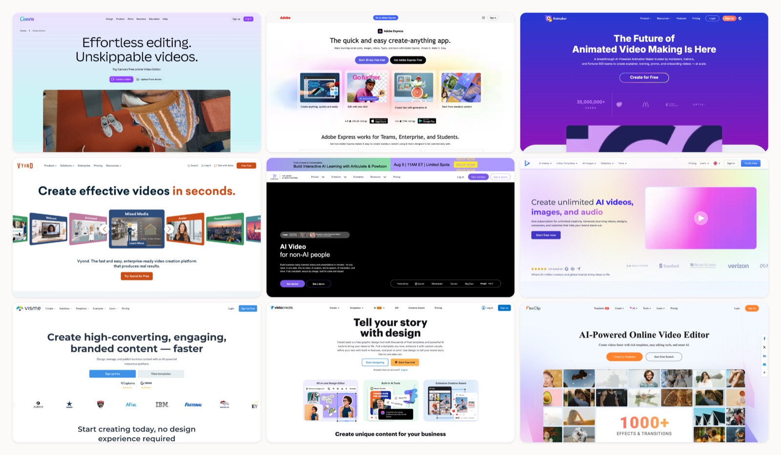 A grid of animation tools for non designers homepages