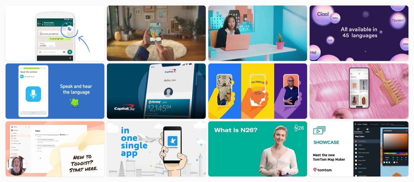 A grid of app demo video thumbnails from brands like Duolingo, Capital One, N26 and Todoist.