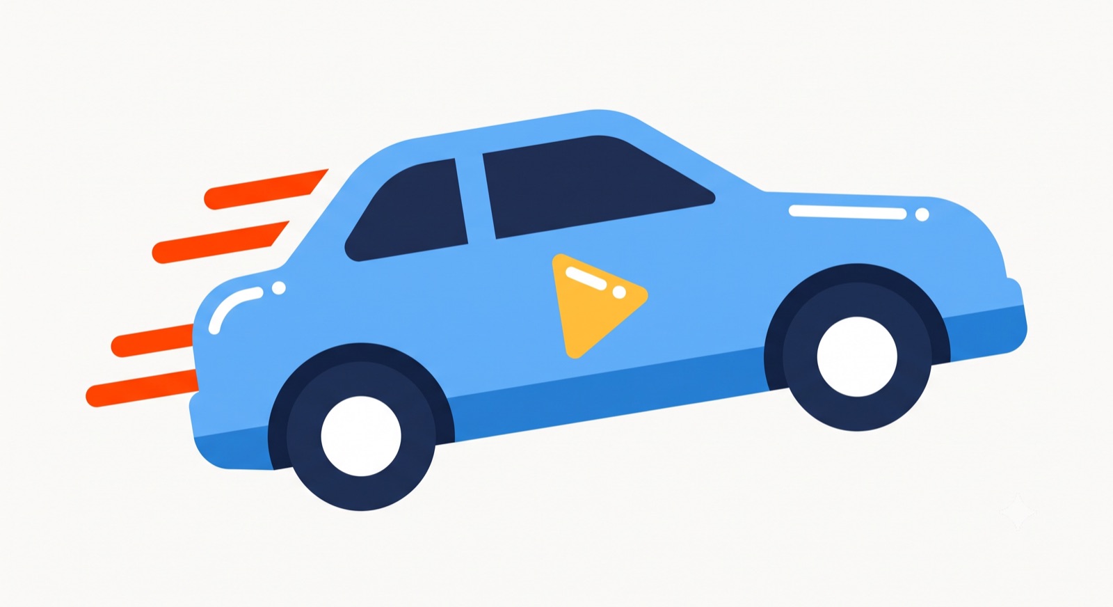 Flat illustration of a car with speed lines and a play badge