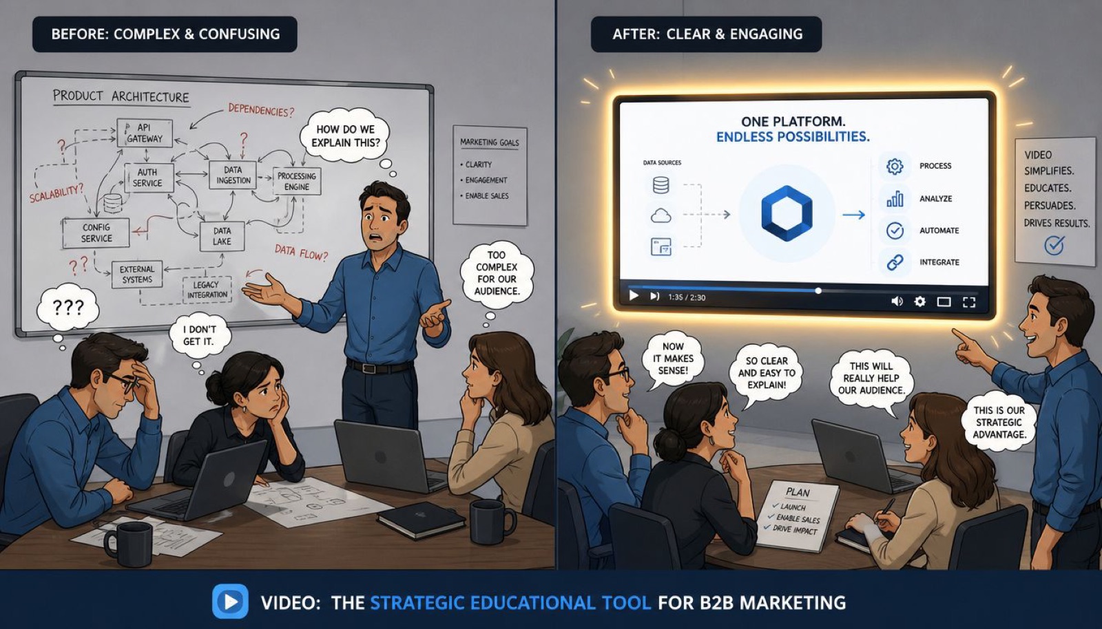 A comparison showing a complex technical meeting versus a clear B2B video marketing presentation.