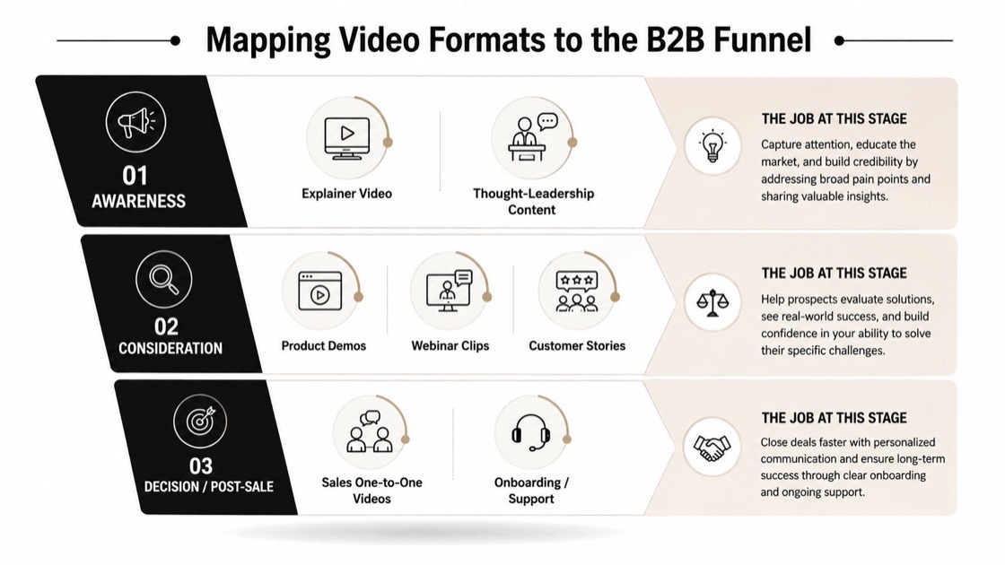 A chart mapping B2B video formats to funnel stages, from awareness through decision and retention.
