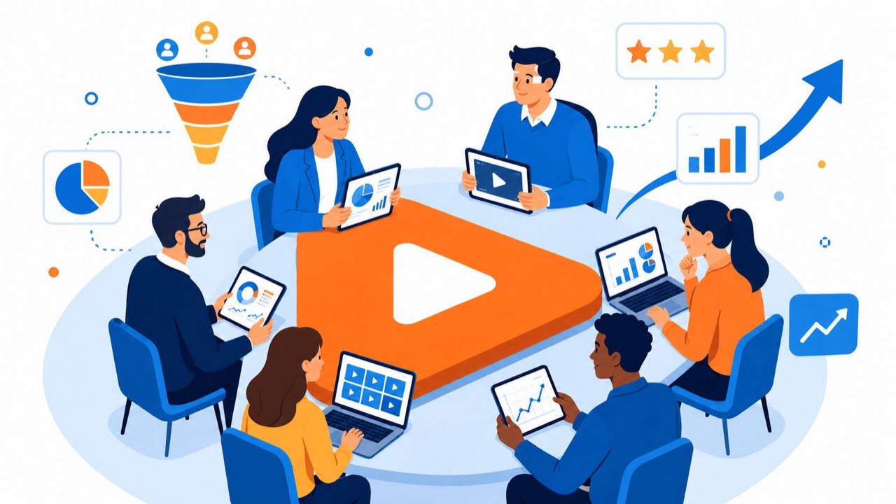 A team collaborating on a B2B video marketing plan.