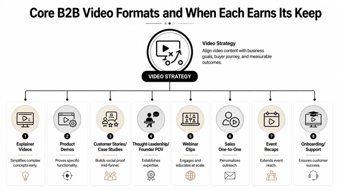A diagram of eight core B2B video formats, from explainers and product demos to webinars and onboarding.