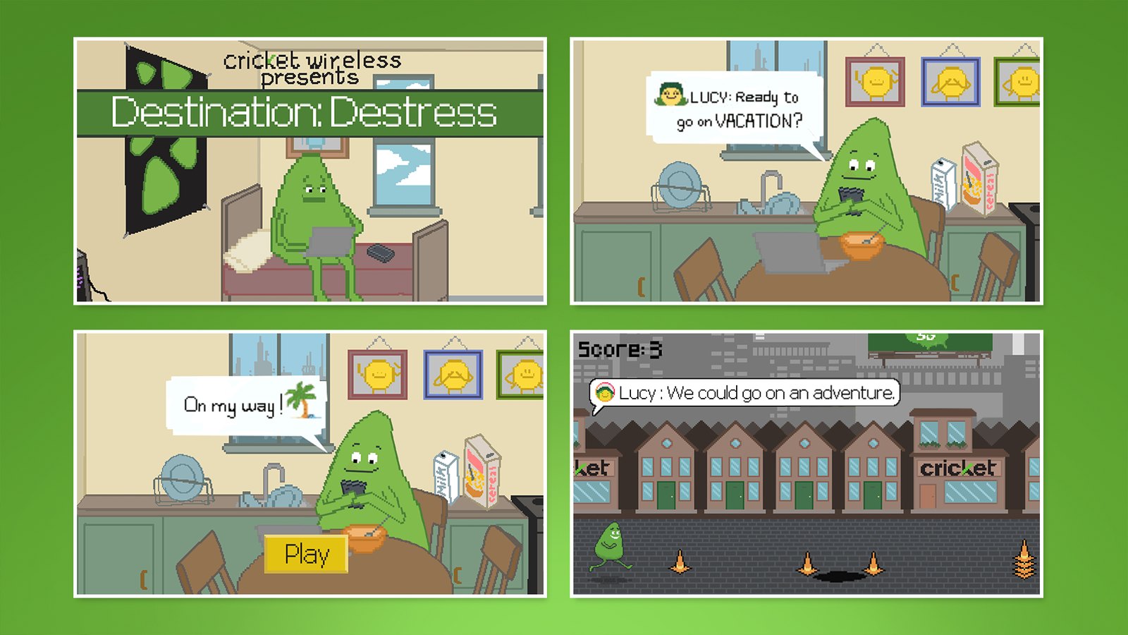 Four screens from an 8-bit game: a title card reading Cricket Wireless presents Destination Destress, two scenes with a green character, and a street level with cones, a score counter and Cricket storefronts