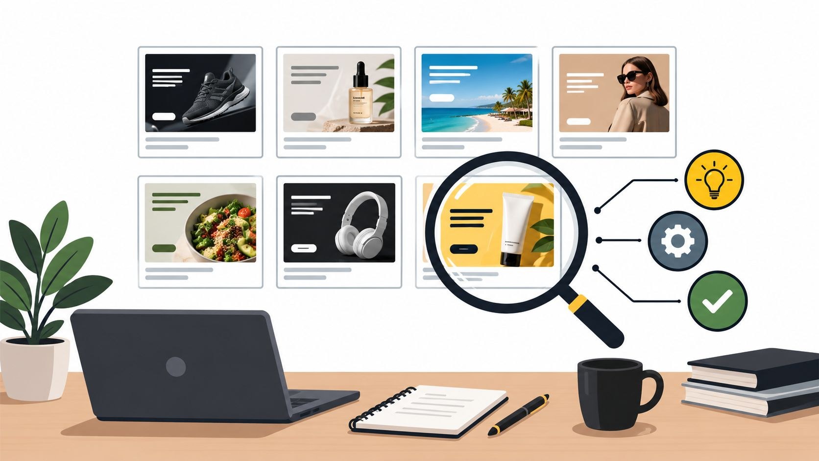Flat illustration of a wall of banner ad layouts above a desk with a laptop, notebook and coffee, with a magnifying glass over one ad