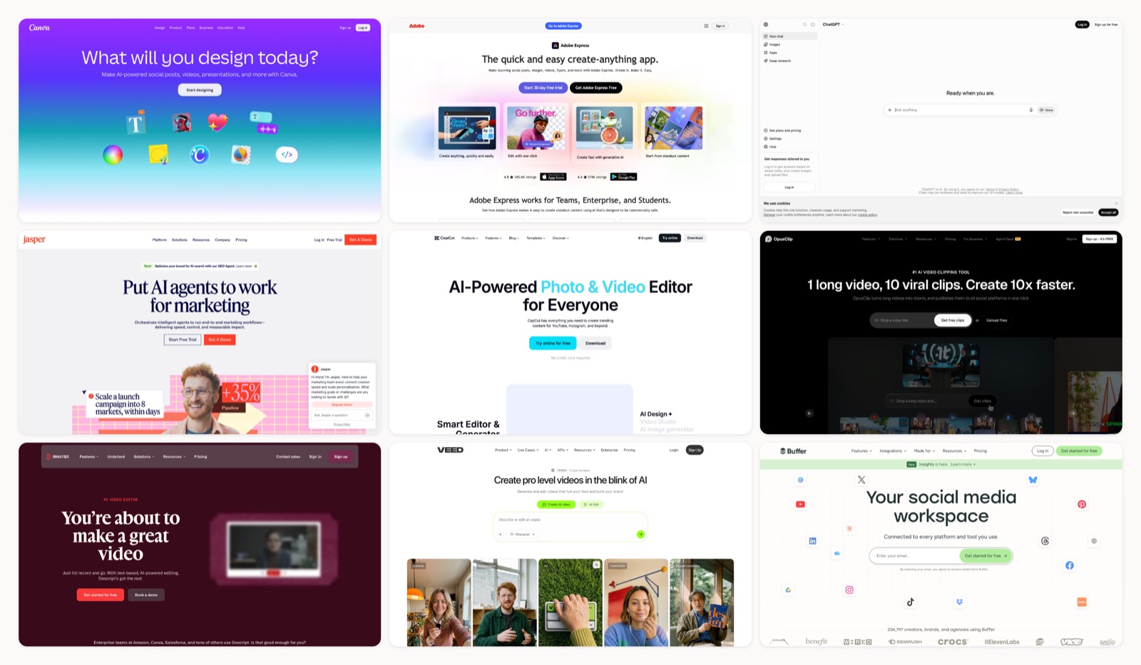 A grid of best ai tools for social media homepages