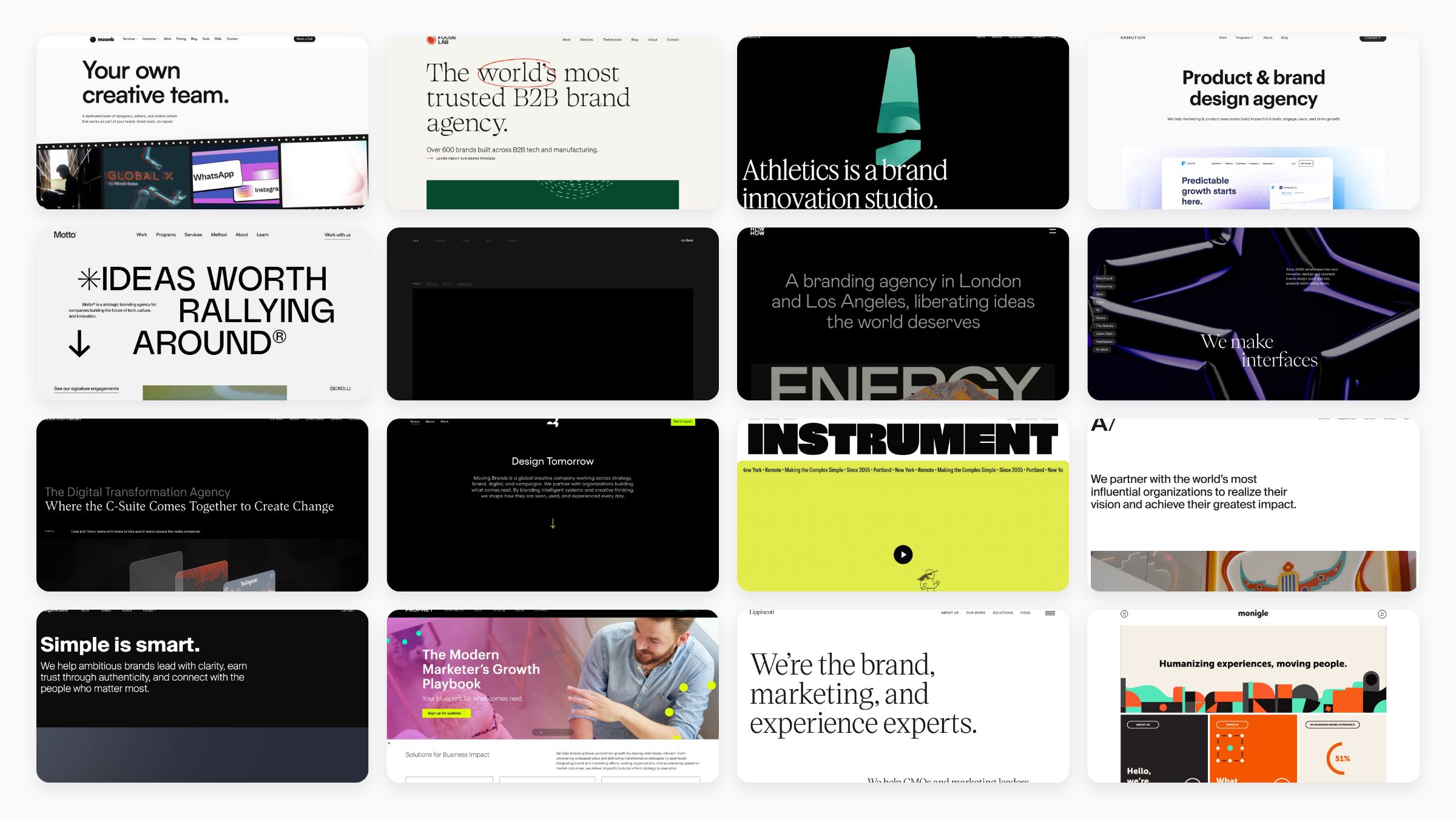 Collage of brand identity work for enterprise software, fintech and healthcare companies, arranged as a grid of logos, decks and interface screens