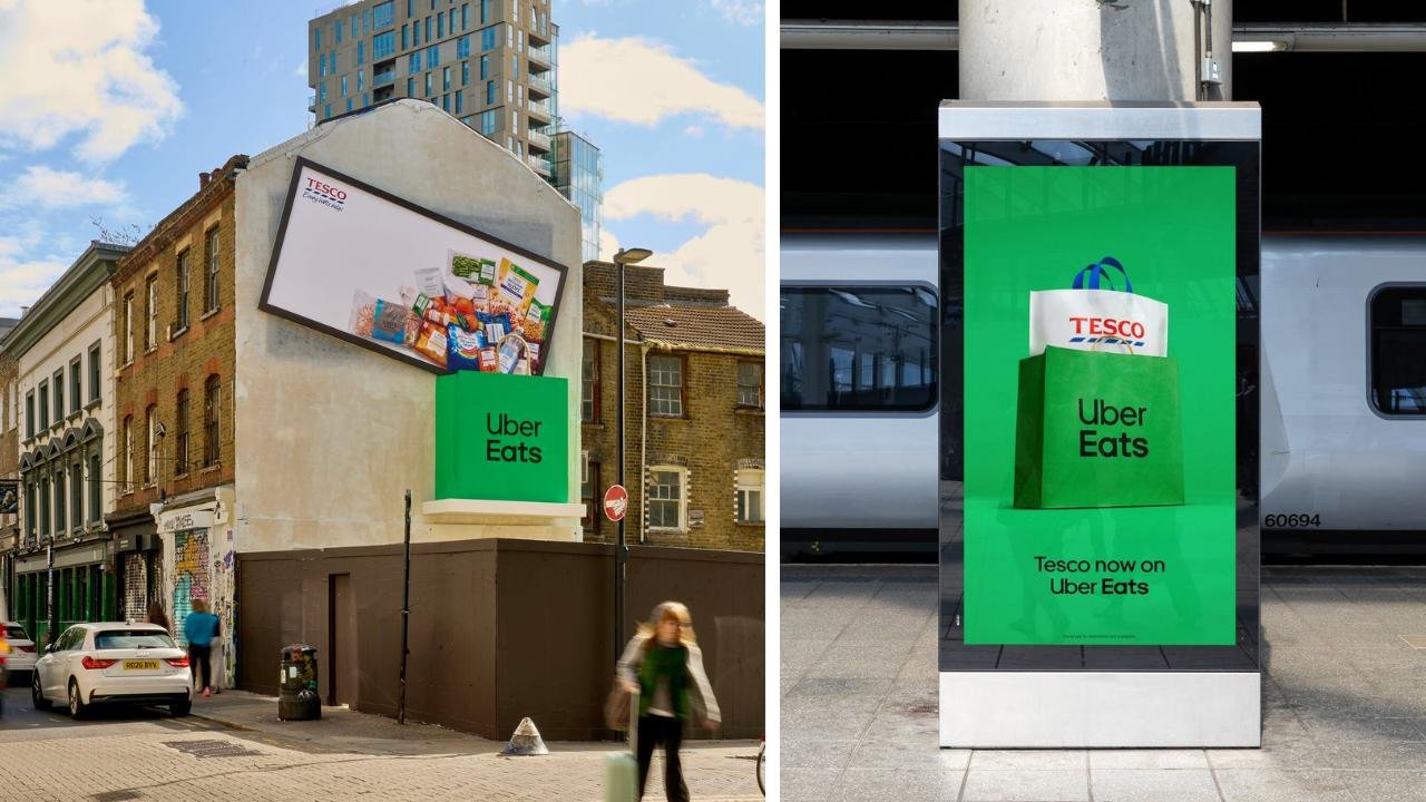Left, a tilted Tesco billboard spilling groceries into a giant green Uber Eats bag built onto a building wall. Right, a digital panel with a Tesco bag inside an Uber Eats bag