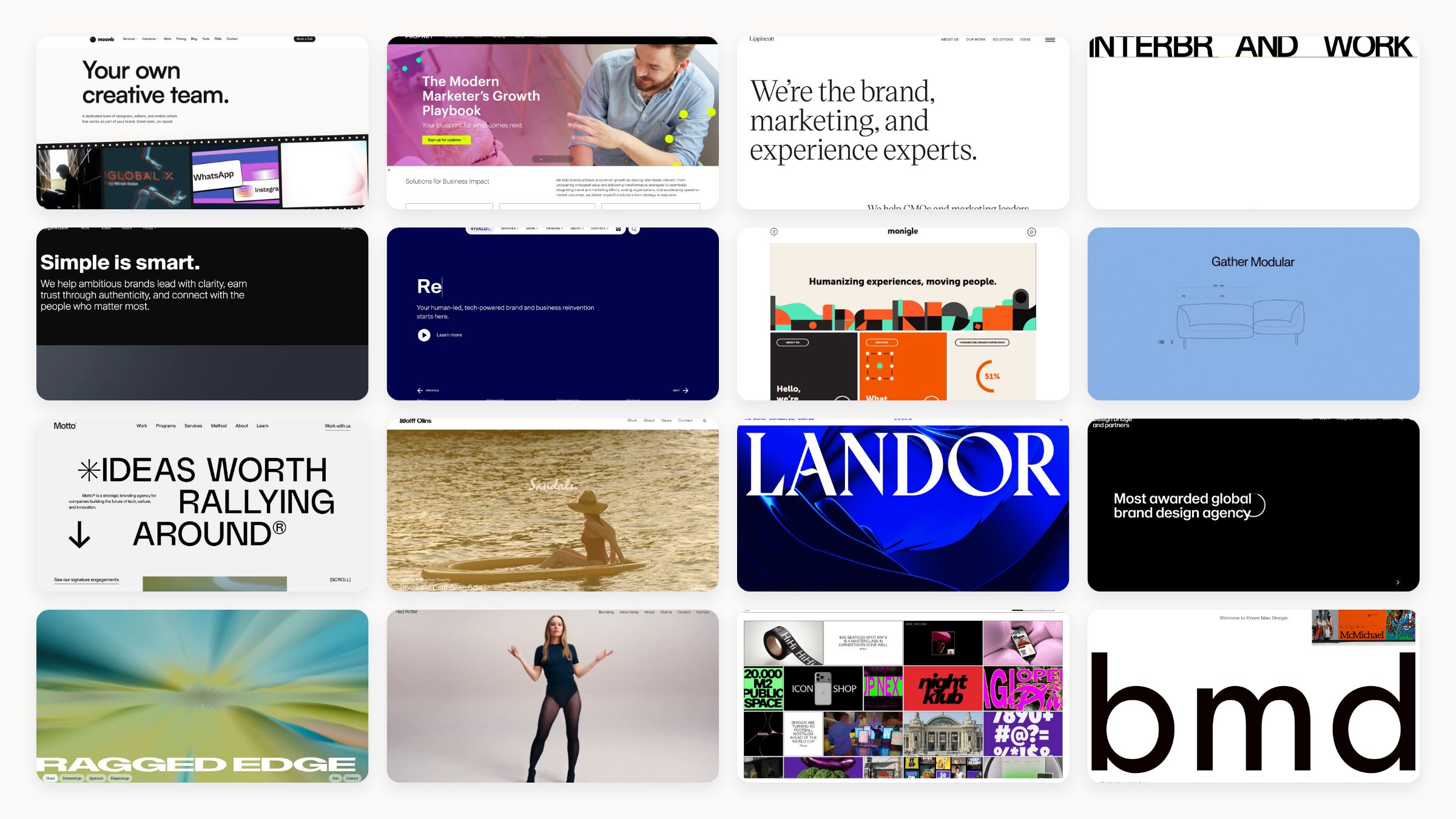 Collage of brand strategy work from eighteen consultancies and studios reviewed in July 2026