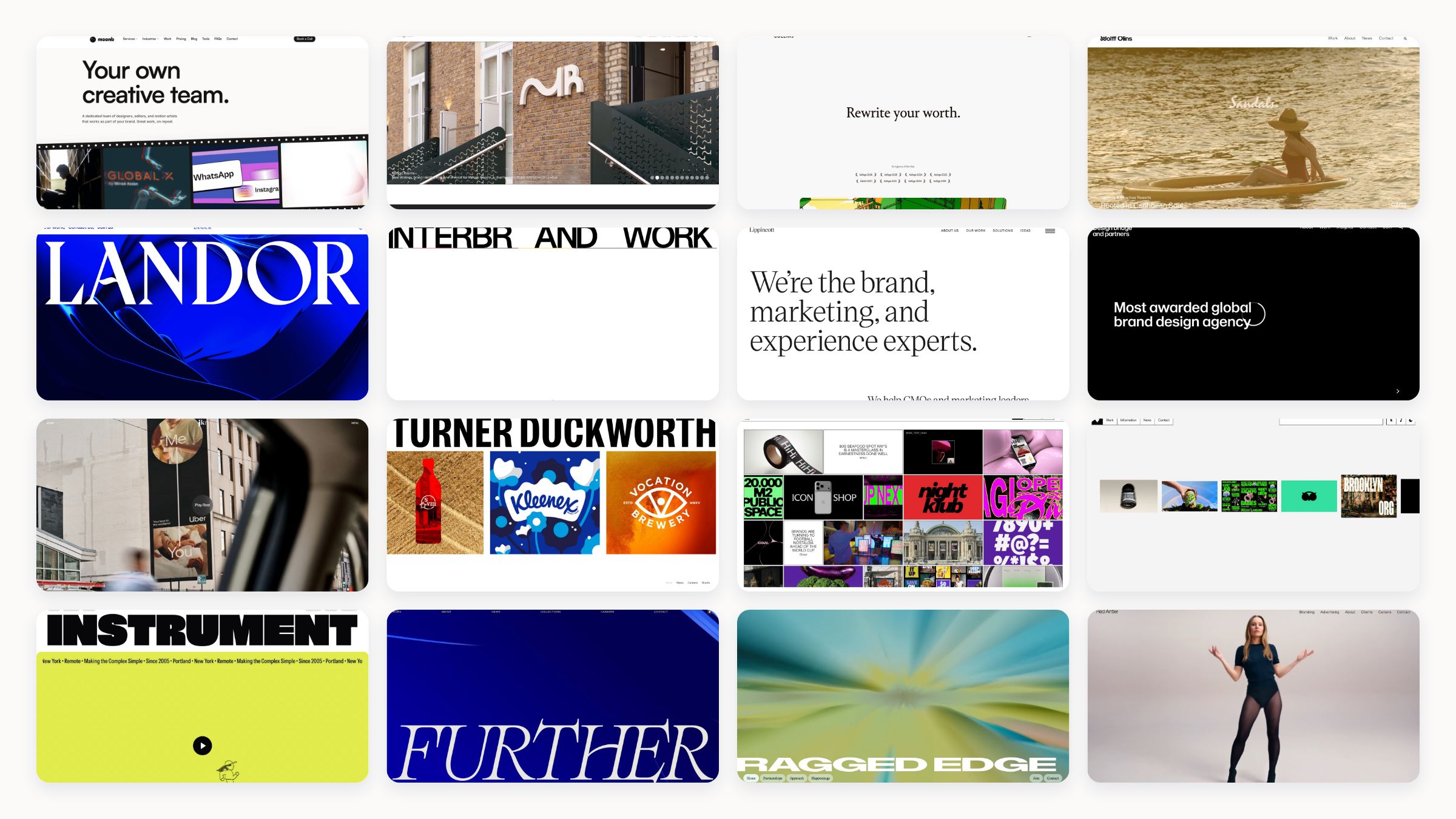 Homepage collage of leading branding agencies including Pentagram, COLLINS, Wolff Olins, Landor and Interbrand