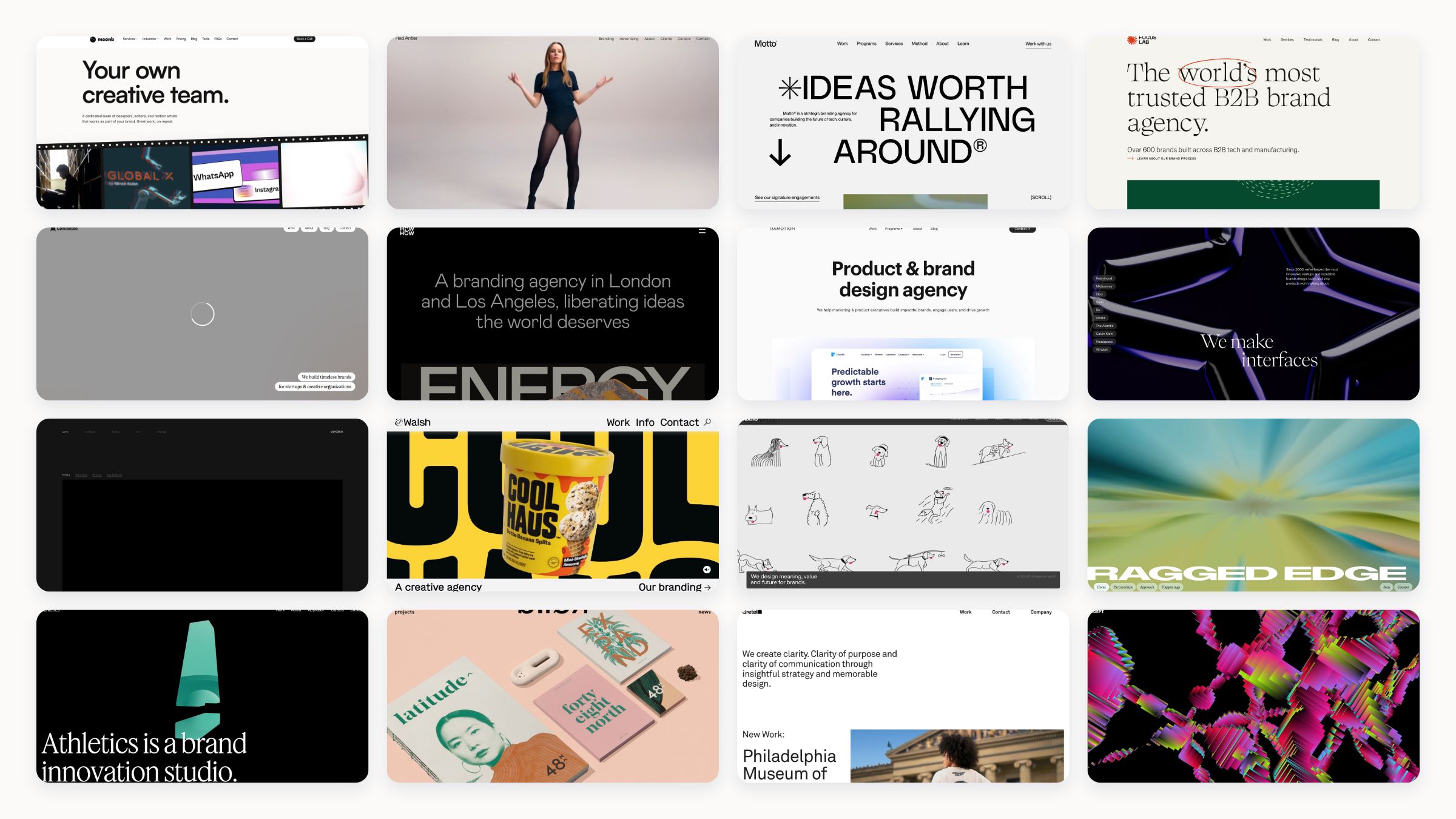 Collage of identity design, wordmarks and brand systems from fourteen branding studios that work with early stage companies