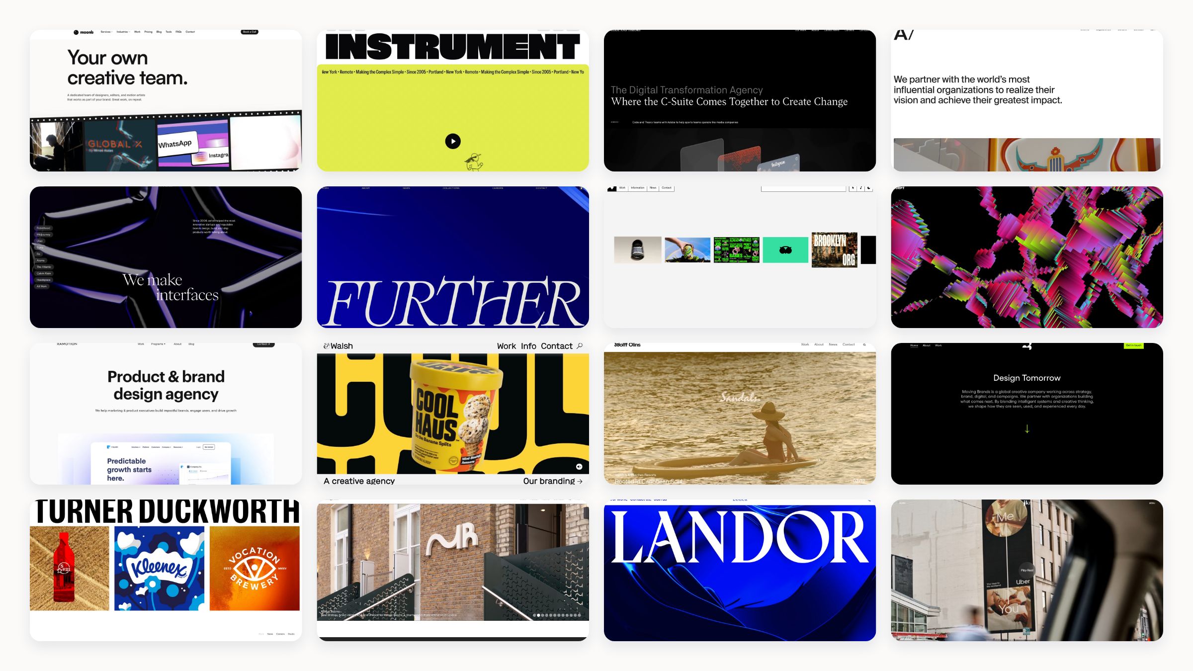 Collage of campaign, digital product and motion work from fifteen creative agencies reviewed in 2026