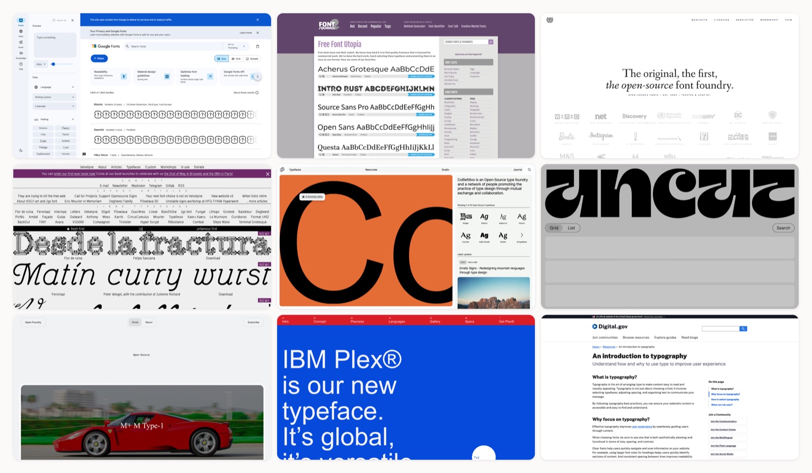 A grid of best free fonts homepages