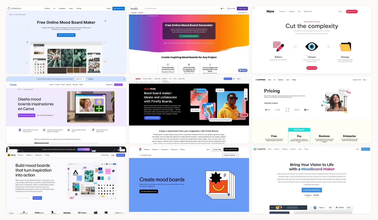 A grid of the best mood board generator tools