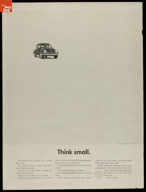The Volkswagen Think Small advertisement, a small black and white Beetle in the corner of a mostly empty white page