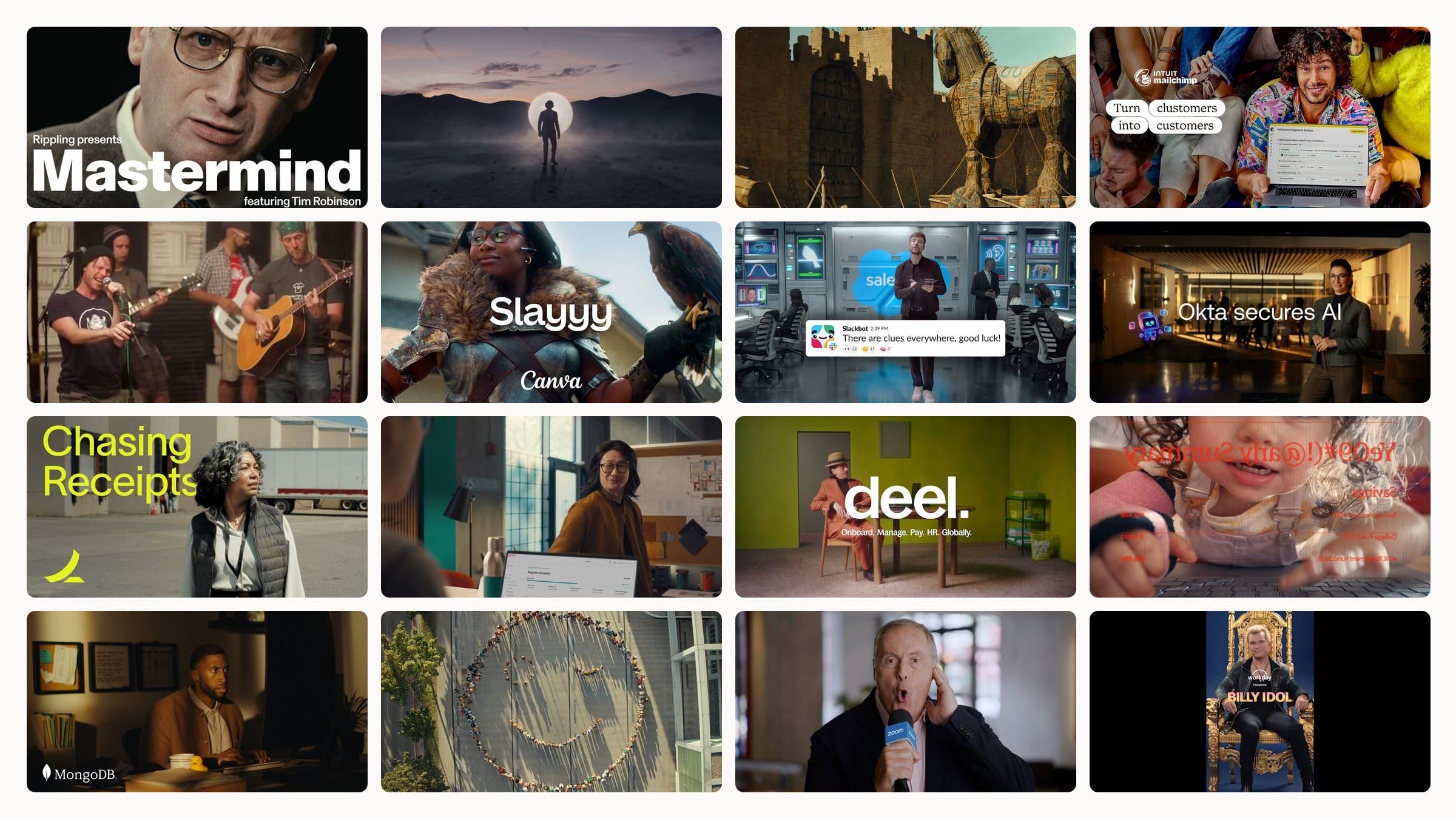 Grid of sixteen frames from SaaS video ads by Rippling, Squarespace, CrowdStrike, Mailchimp, Zendesk, Canva, Salesforce, Okta, Ramp, Gusto, Deel, Adobe Acrobat, MongoDB, Atlassian, Zoom and Workday