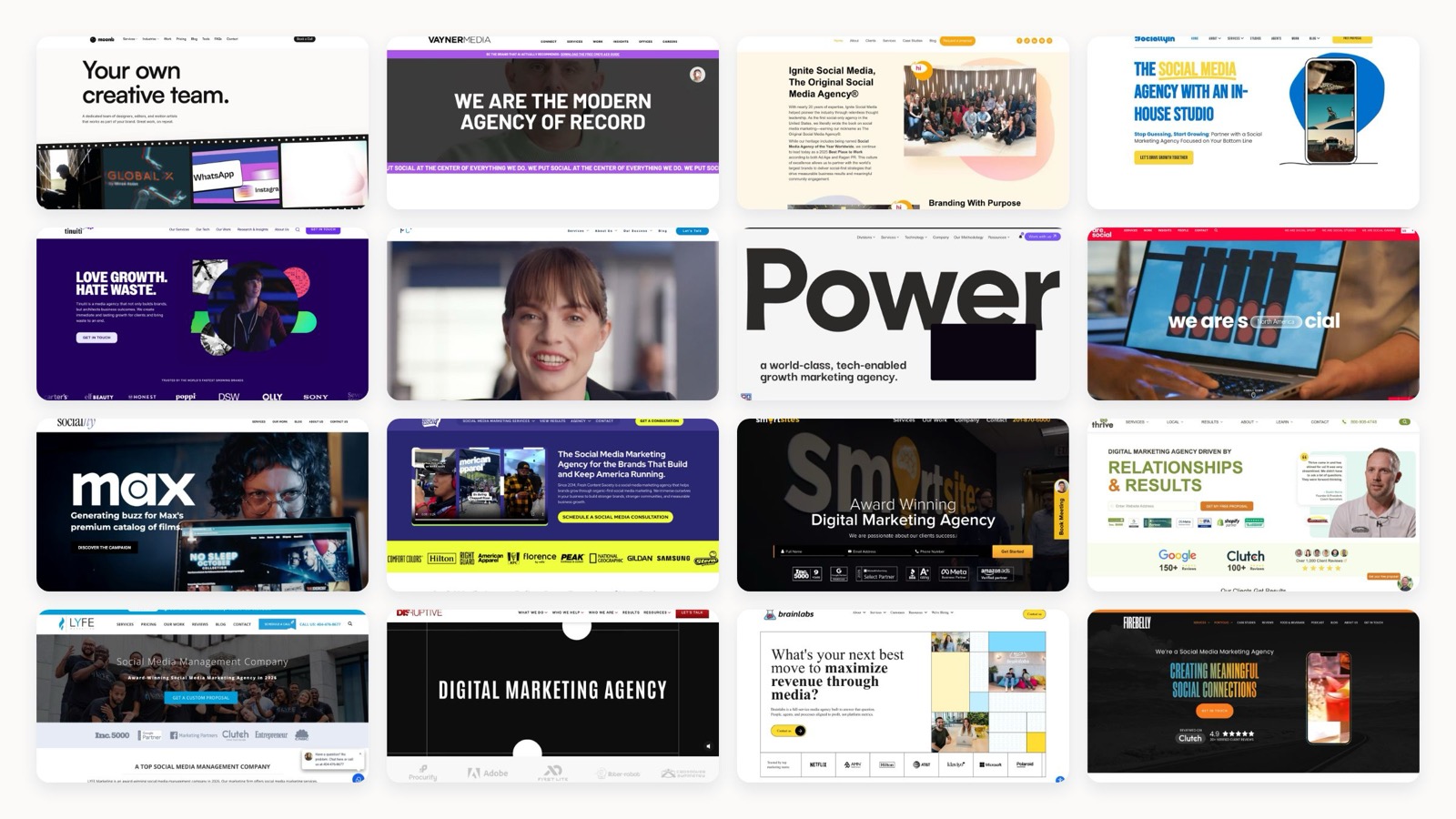 A collage of leading social media marketing agency homepages.