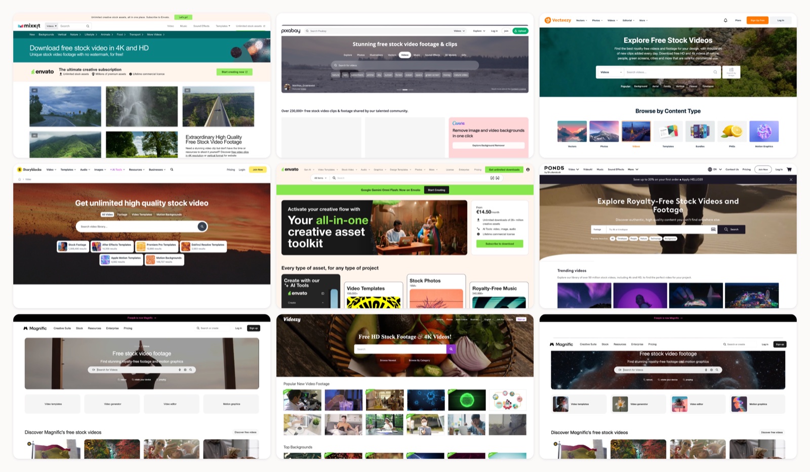 A grid of best stock video sites homepages