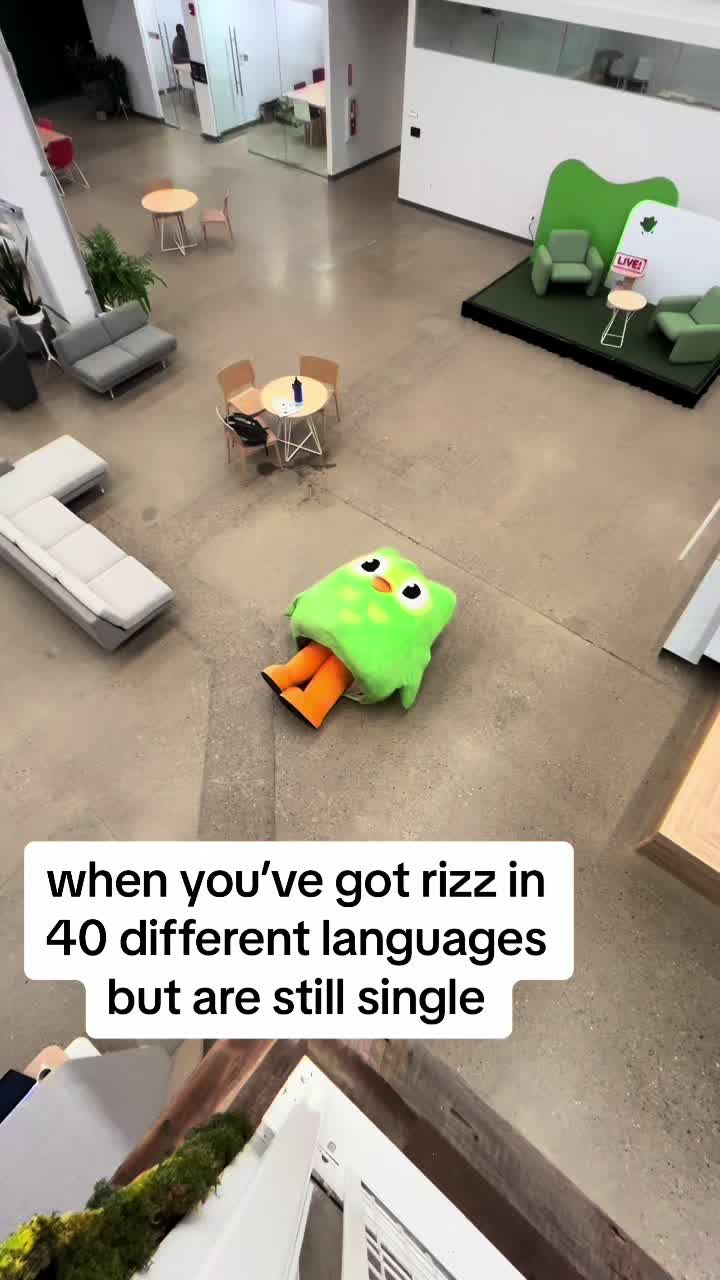 Duo the Duolingo owl mascot in a scene from one of the brand's TikTok posts