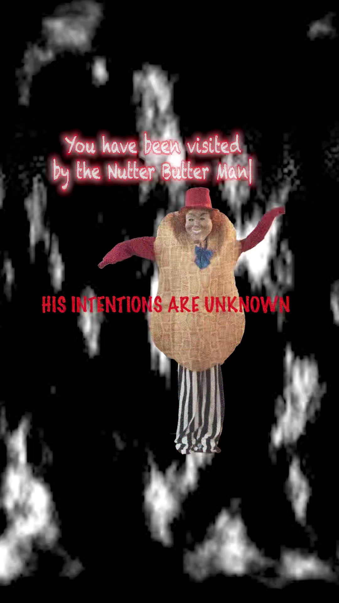 A Nutter Butter TikTok frame in analog horror style reading you have been visited by the Nutter Butter Man