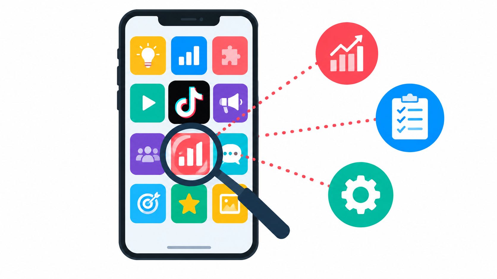 A phone showing a TikTok style vertical video feed with engagement and analytics elements around it