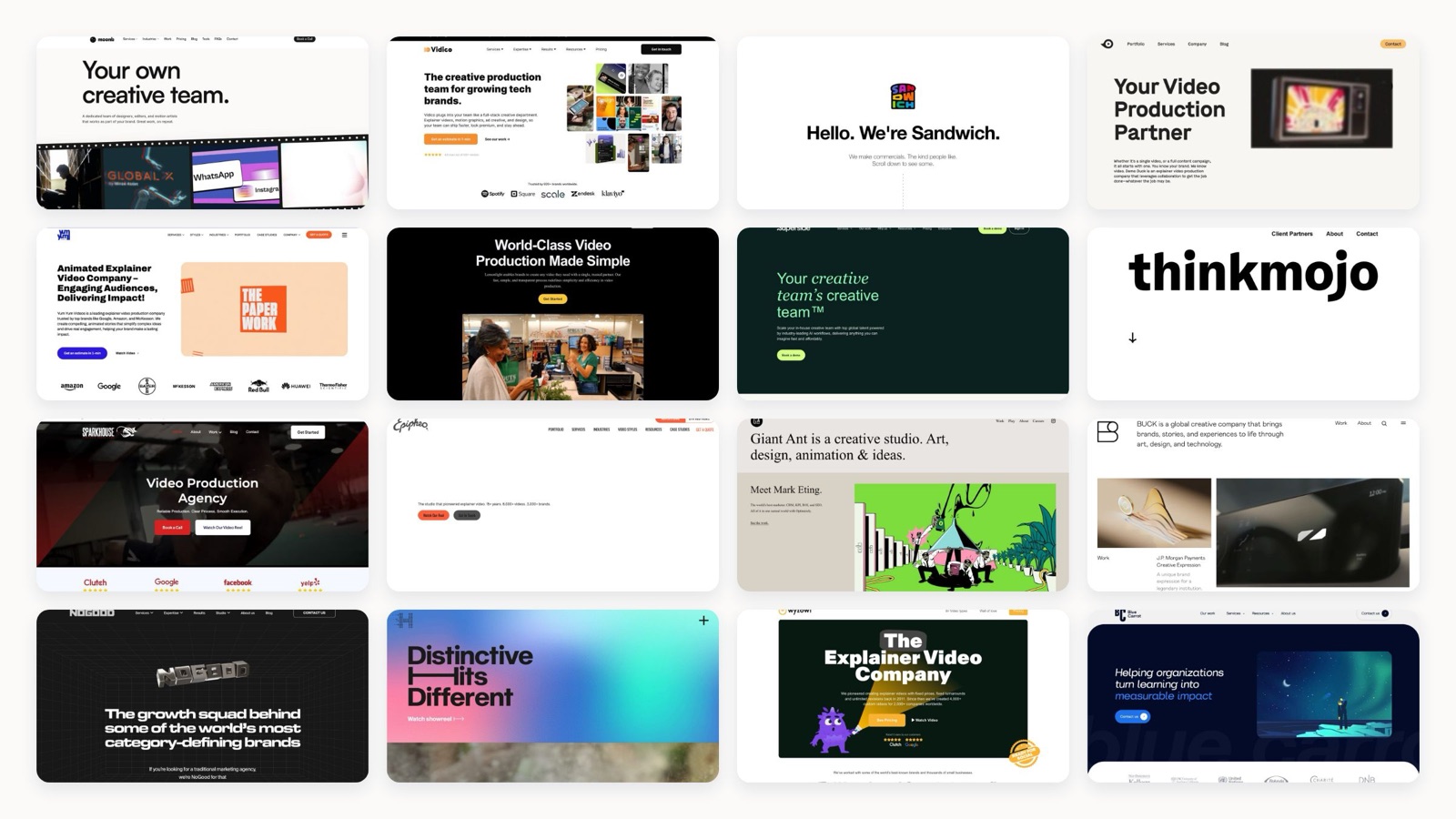 Collage of homepages from 21 leading video production companies