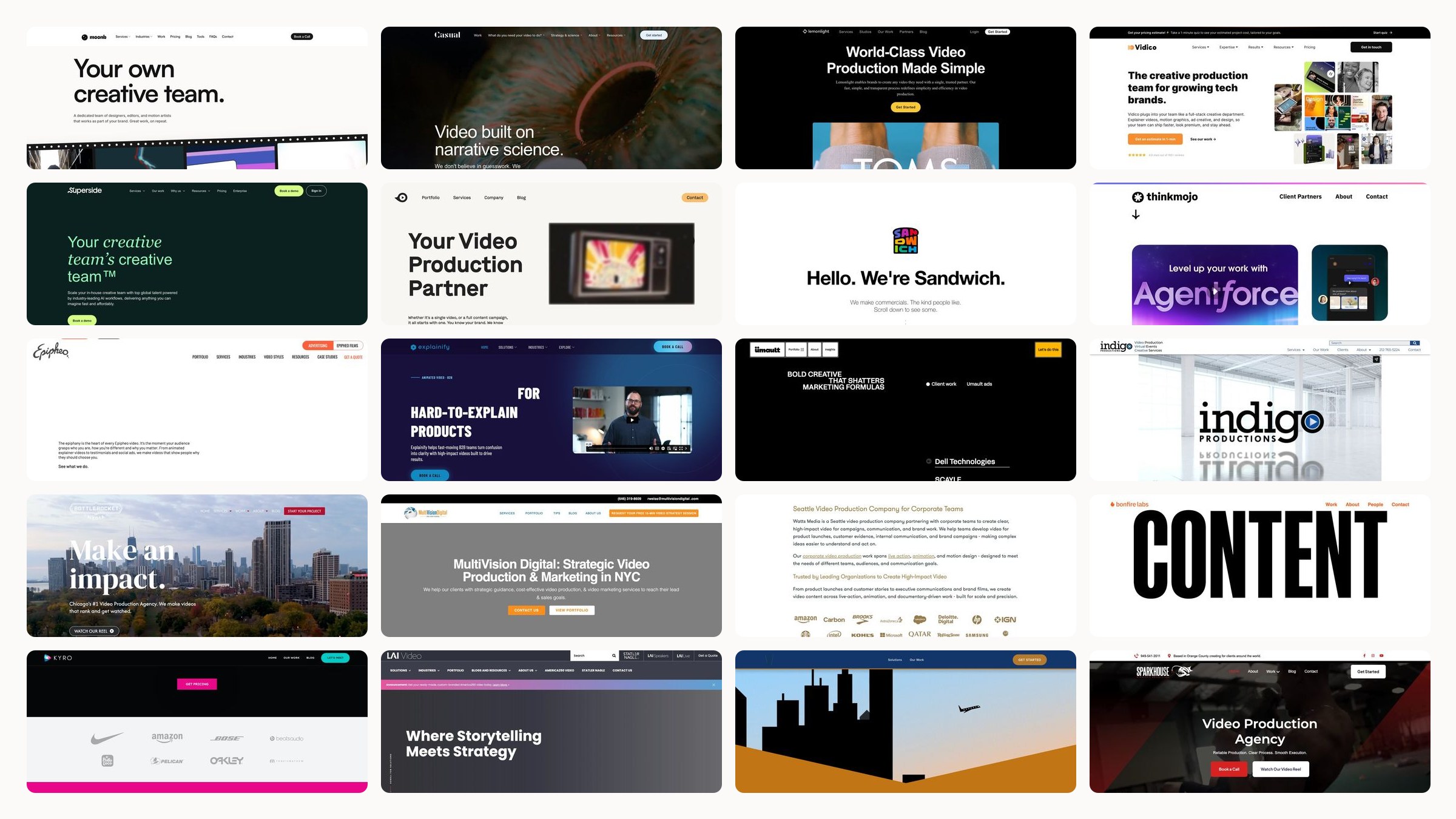 Grid of homepage screenshots from the video production companies compared in this guide