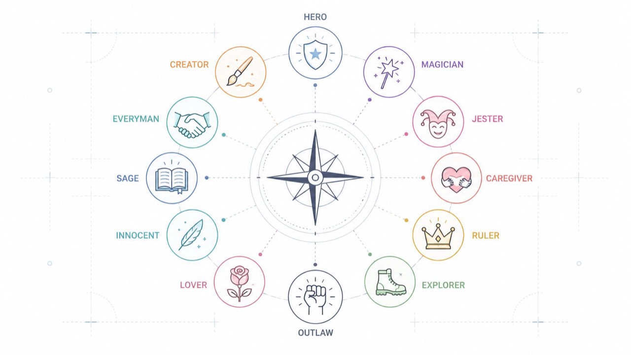 A compass wheel of the twelve brand archetypes, from Hero and Ruler to Jester and Sage.