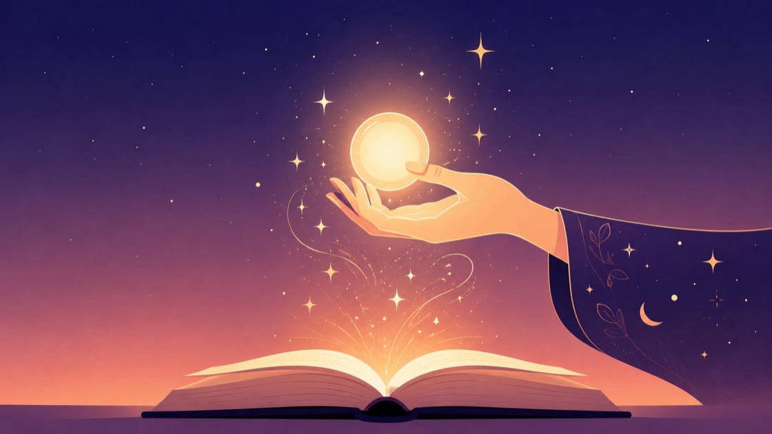 A hand emerging from a sleeve with celestial patterns, conjuring a glowing light orb above an open book.