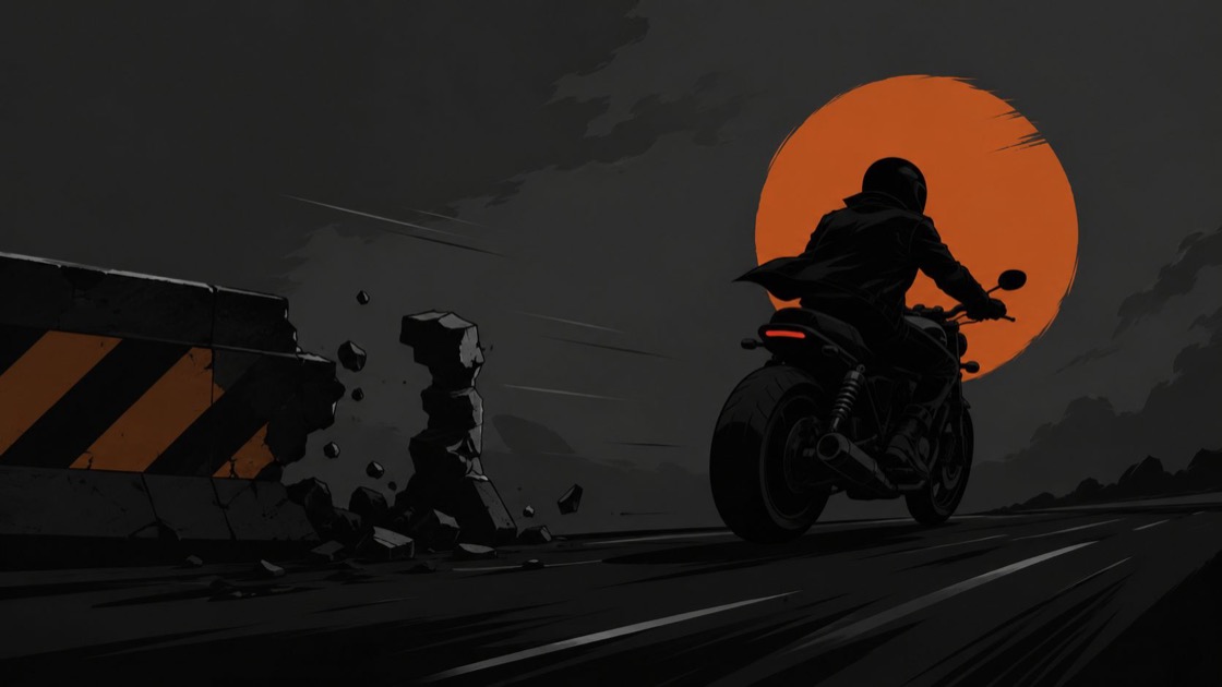 A silhouette of a motorcycle rider speeding past a broken road barrier against a large orange sun.